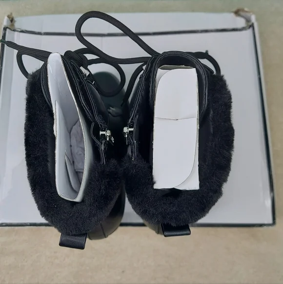 Guess Tetian Black Leather Faux-Fur Lace-Up Stiletto Heeled Boots Women's 9 NWT - Picture 11 of 16